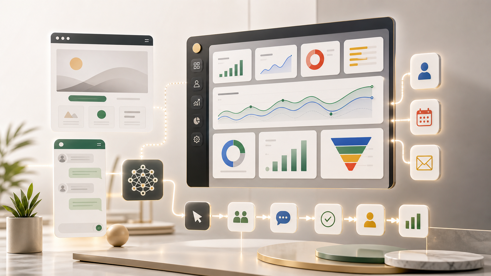 Painel de marketing digital com graficos e automacoes